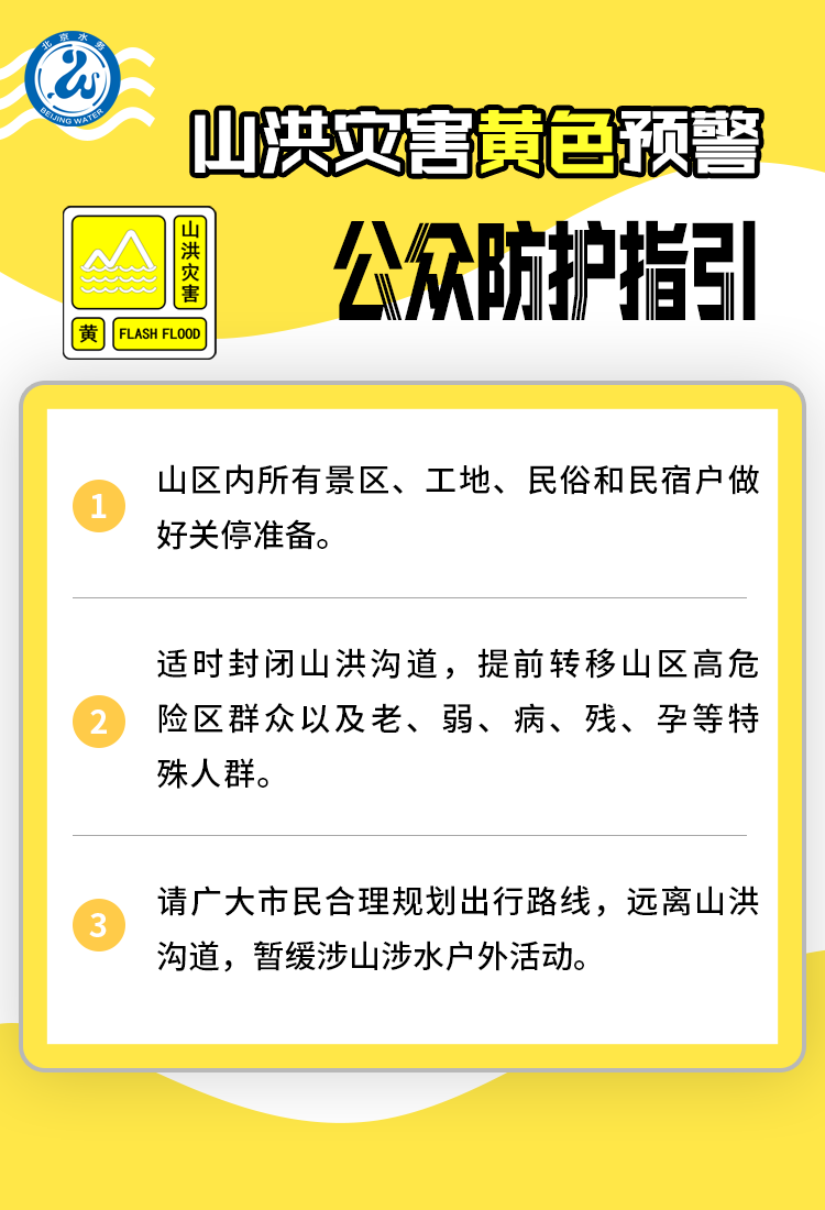 北京应急：本市发布山洪灾害黄色预警，请注意防范