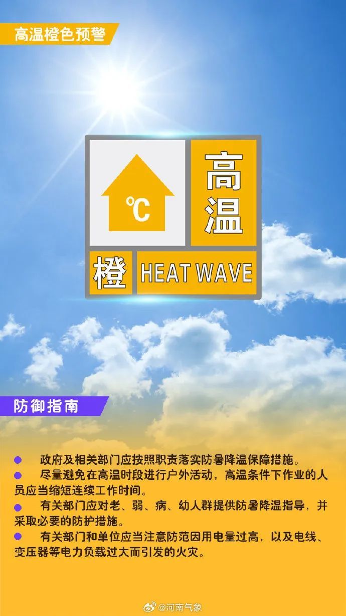 郑州继续发布高温橙色预警信号！河南多地有阵雨、雷阵雨，局部有大到暴雨等强对流天气