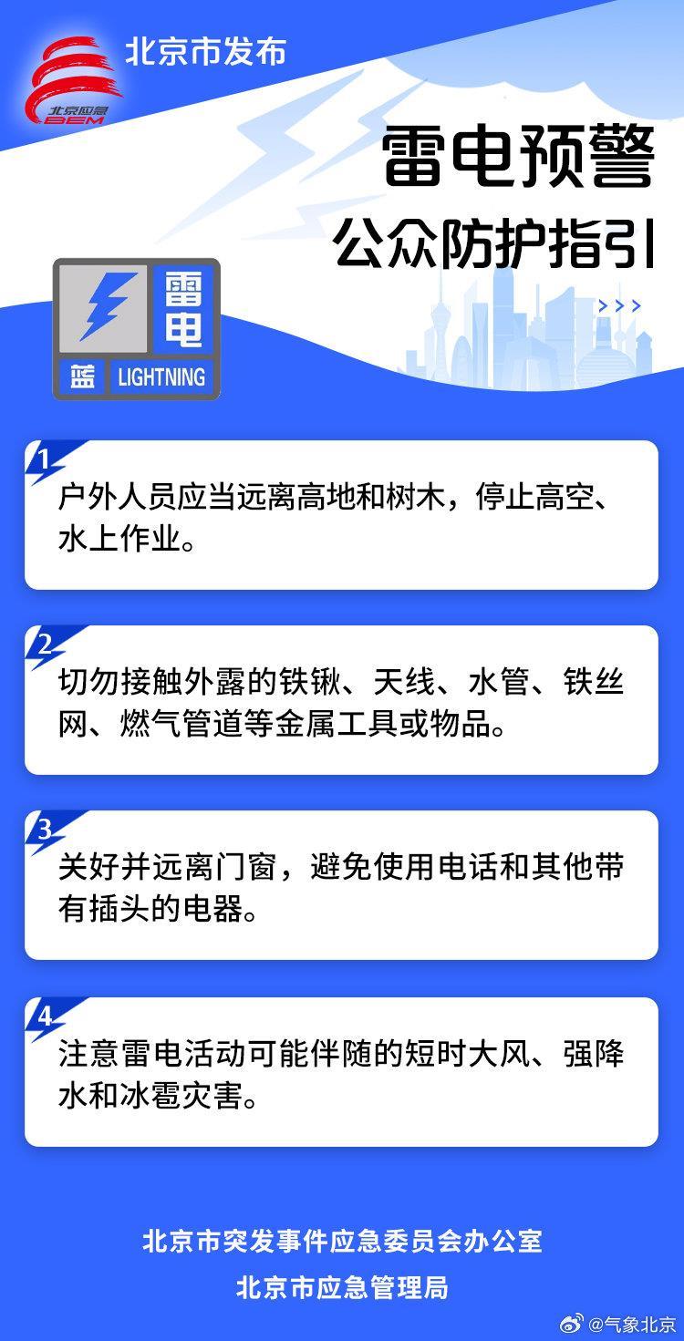 北京发布雷电蓝色预警 这些地区请注意防范
