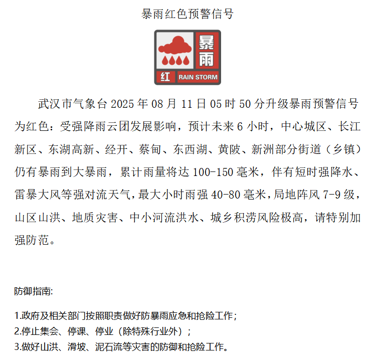 狂风暴雨一整晚！今早武汉升级发布暴雨红色预警，预计未来6小时仍有暴雨到大暴雨