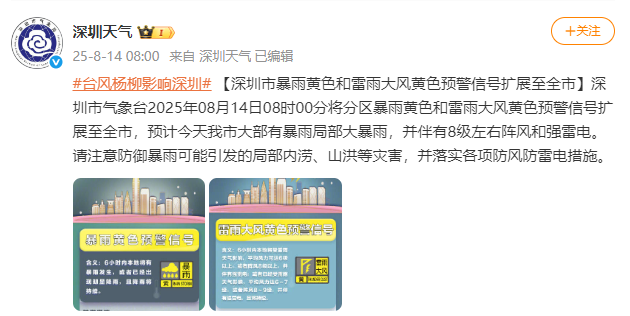 深圳市暴雨黄色和雷雨大风黄色预警信号扩展至全市