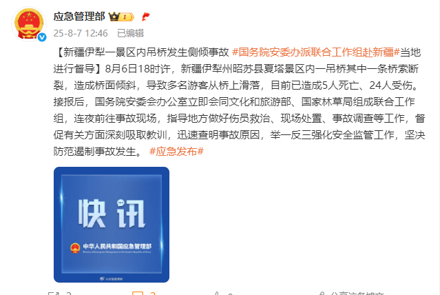 新疆伊犁一景区内吊桥发生侧倾事故 国务院安委办派联合工作组赴当地进行督导