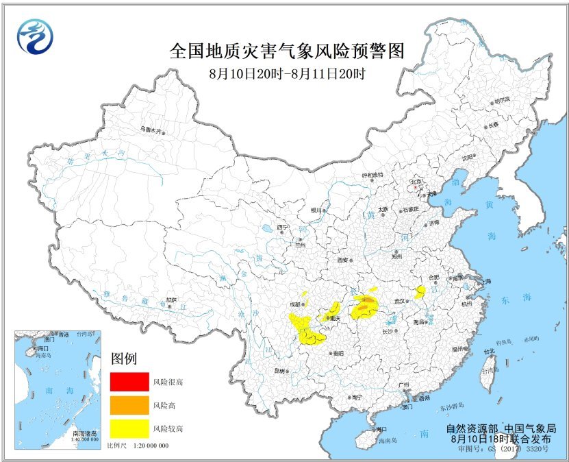 自然资源部与中国气象局8月10日18时联合发布地质灾害气象风险预警