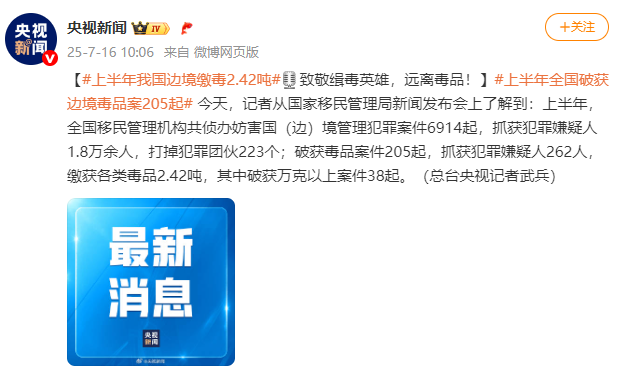 上半年全国破获边境毒品案205起，缴获各类毒品2.42吨
