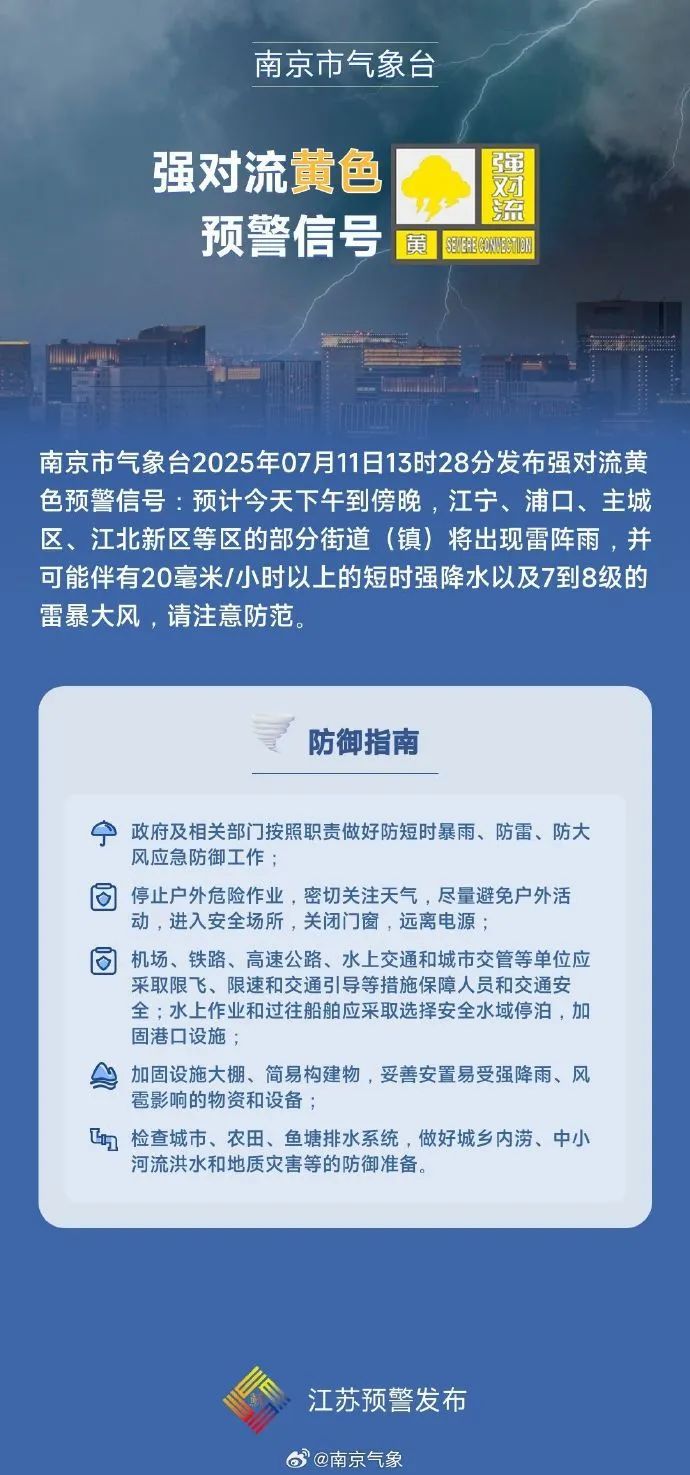 短时强降水+7到8级雷暴大风，南京气象提醒