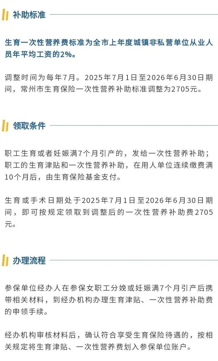 常州调整女职工生育一次性营养补助费计发标准
