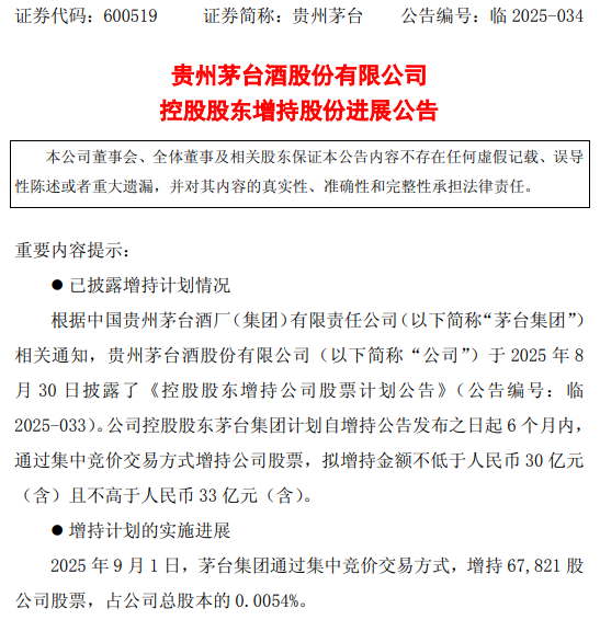 茅台控股股东出手 30亿增持计划正式启动