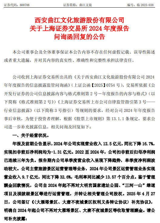 三连亏！曲江文旅核心收入腰斩，上交所问询持续经营能力