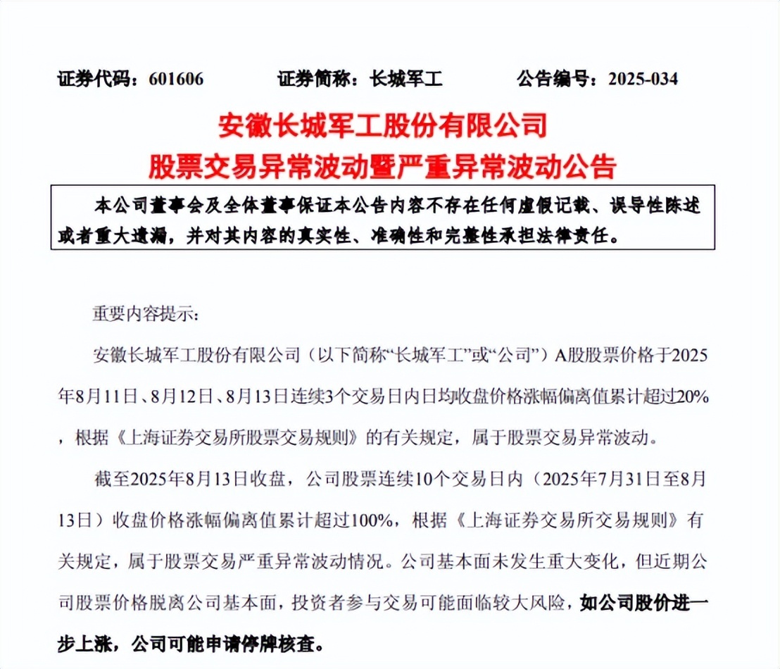长城军工股价短期涨幅400% 提示交易风险