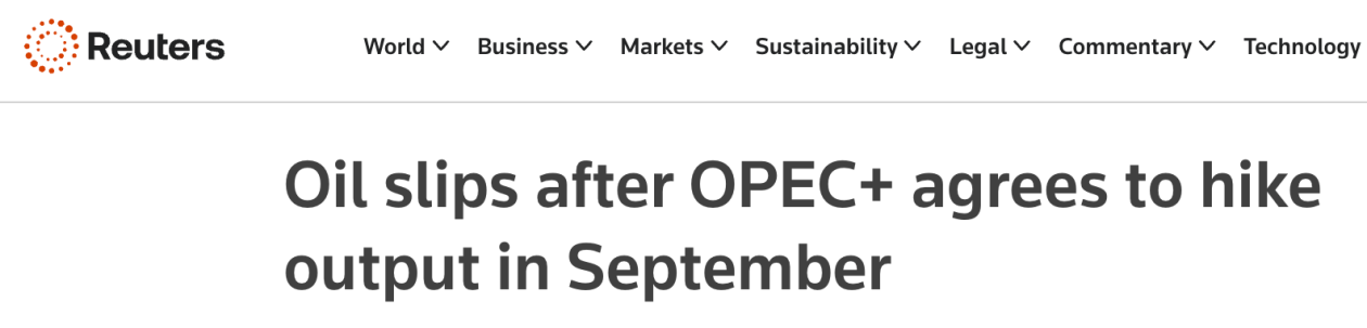 外媒：OPEC+同意9月增产，油价下滑