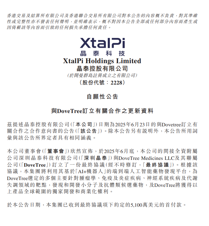 470亿港元！晶泰控股与DoveTree达成AI新药研发纪录级合作