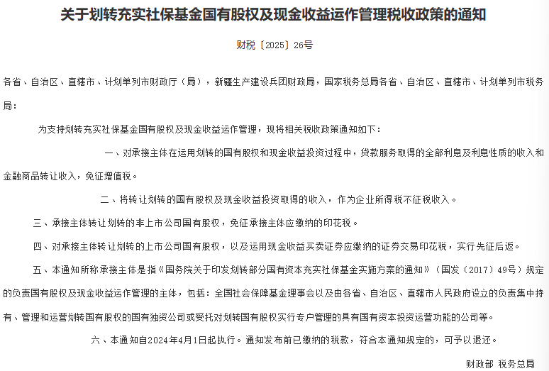 社保基金四项税收优惠发布，释放长期红利