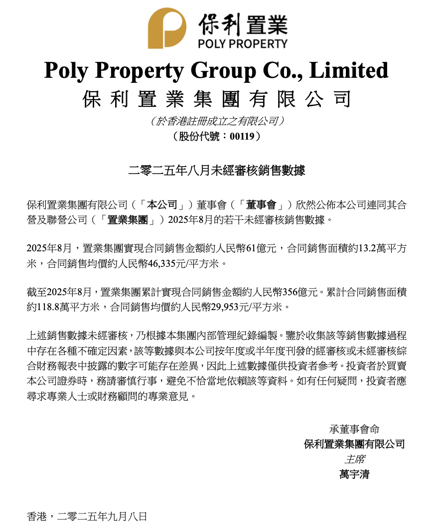保利置业前8月累计销售金额356亿元 单月合同销售61亿元