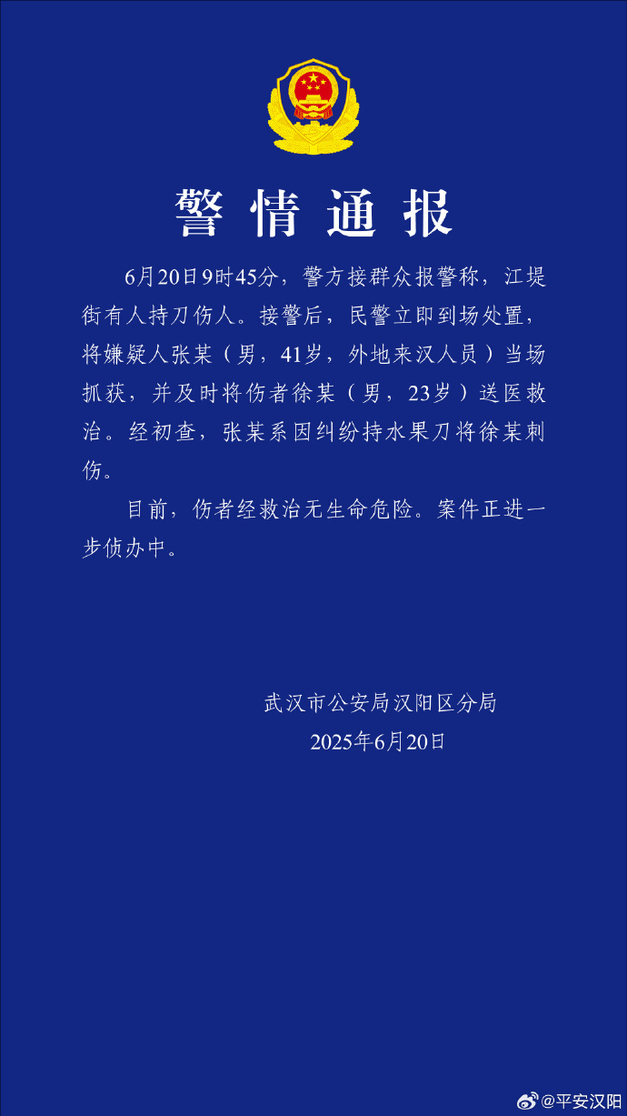武汉汉阳区警方通报“江堤街有人持刀伤人”：嫌疑人被当场抓获，伤者已送医