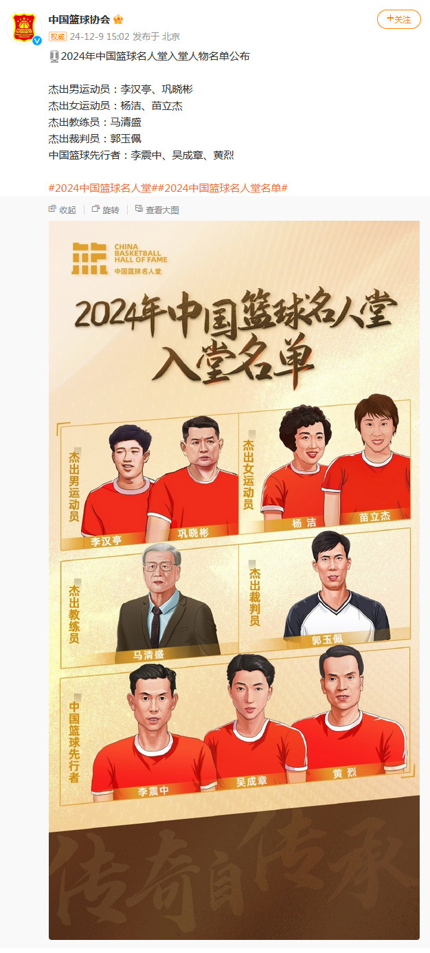 2024年中国篮球名人堂入堂名单公布，巩晓彬、苗立杰等入选