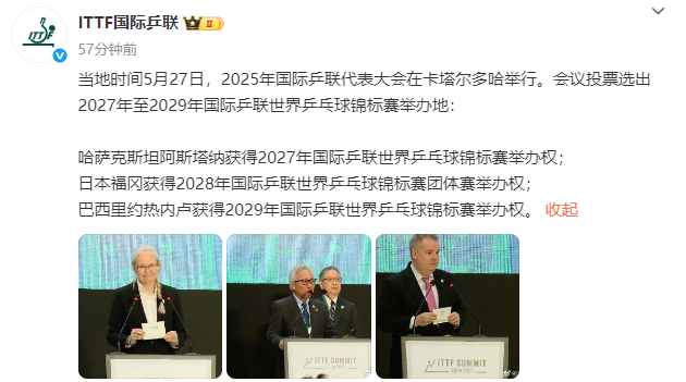 2027年至2029年世乒赛举办地揭晓