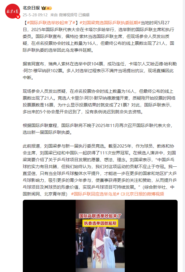 国际乒联选举现场吵起来了，执委选举延期