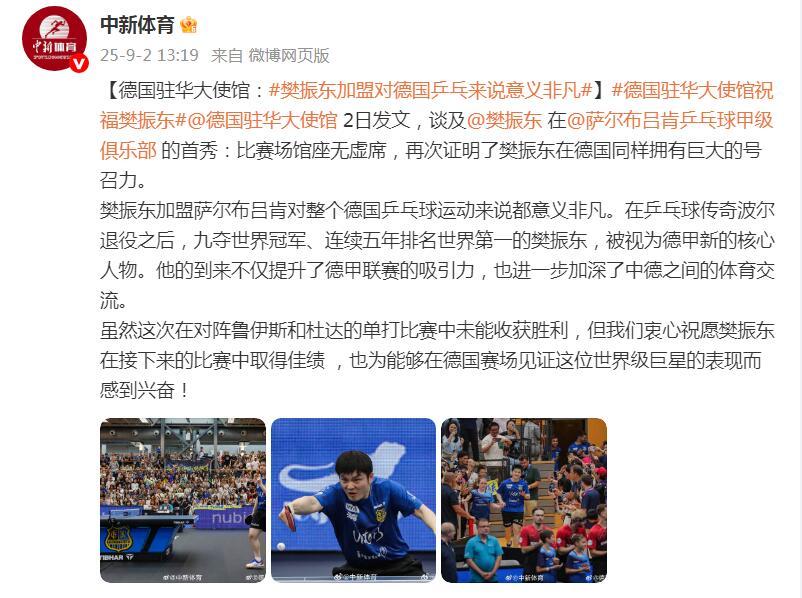 德国驻华大使馆：樊振东加盟对德国乒乓来说意义非凡