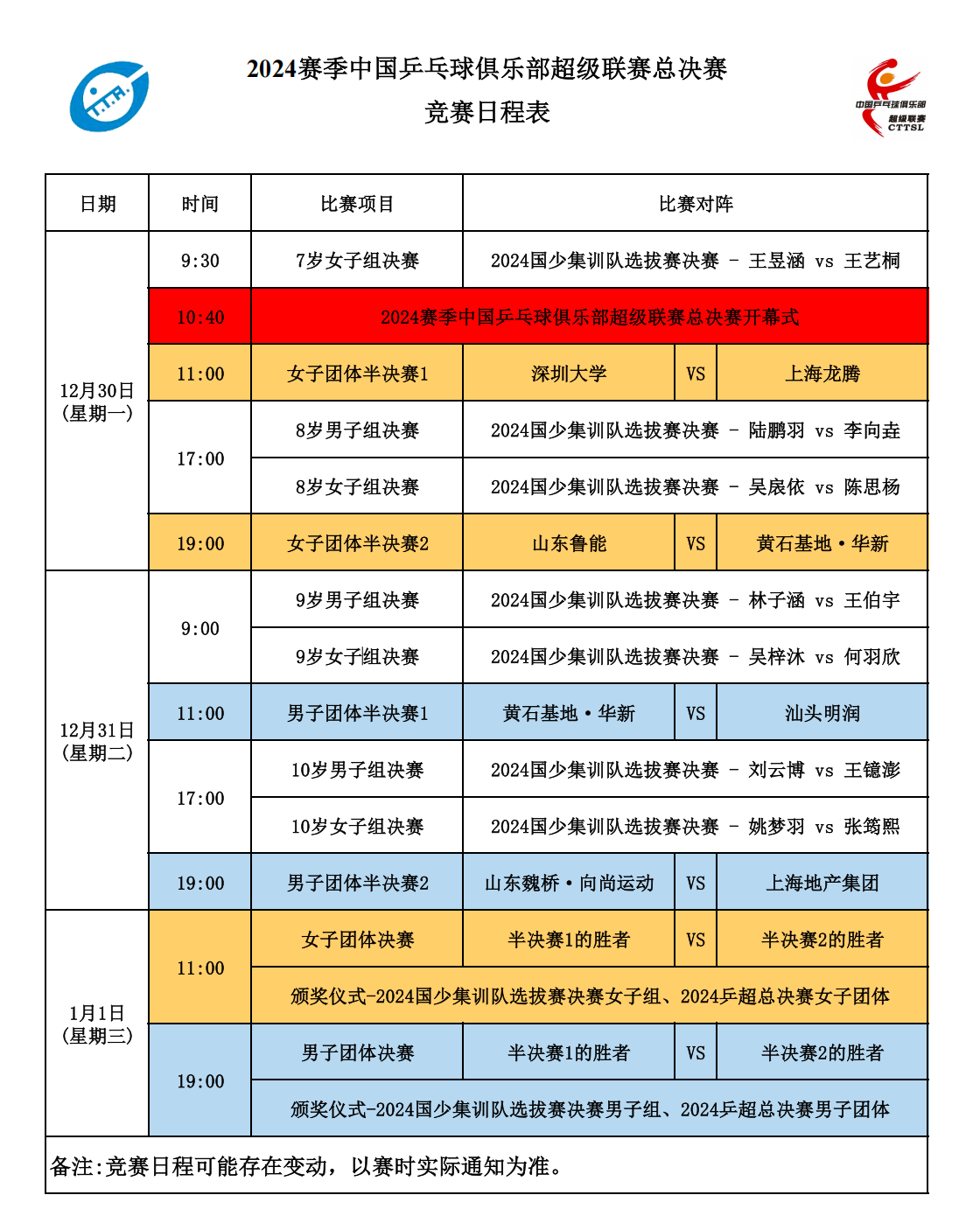 乒超联赛总决赛赛程公布，樊振东、王楚钦两位国手再迎对决