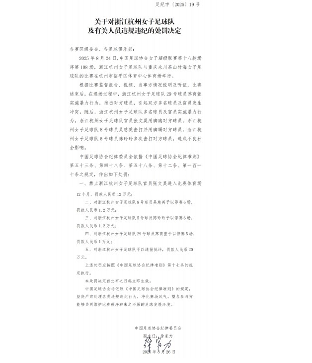 多人被禁赛！中国足协重罚女超赛场冲突