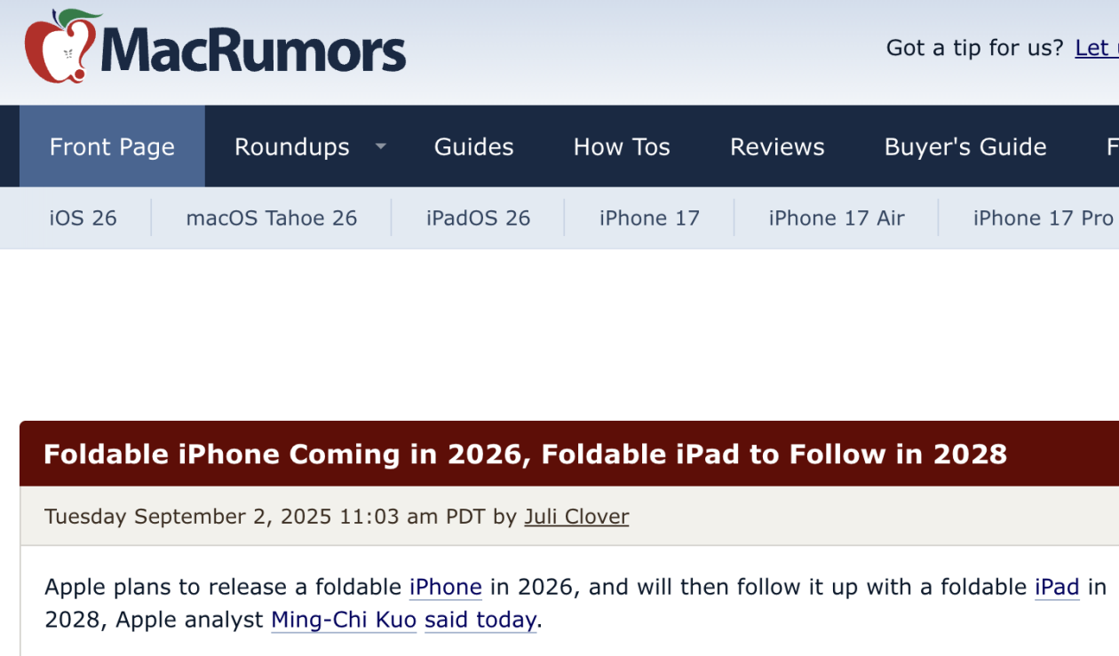 外媒:可折叠 iPhone将于2026年上市,可折叠iPad将于2028年上市
