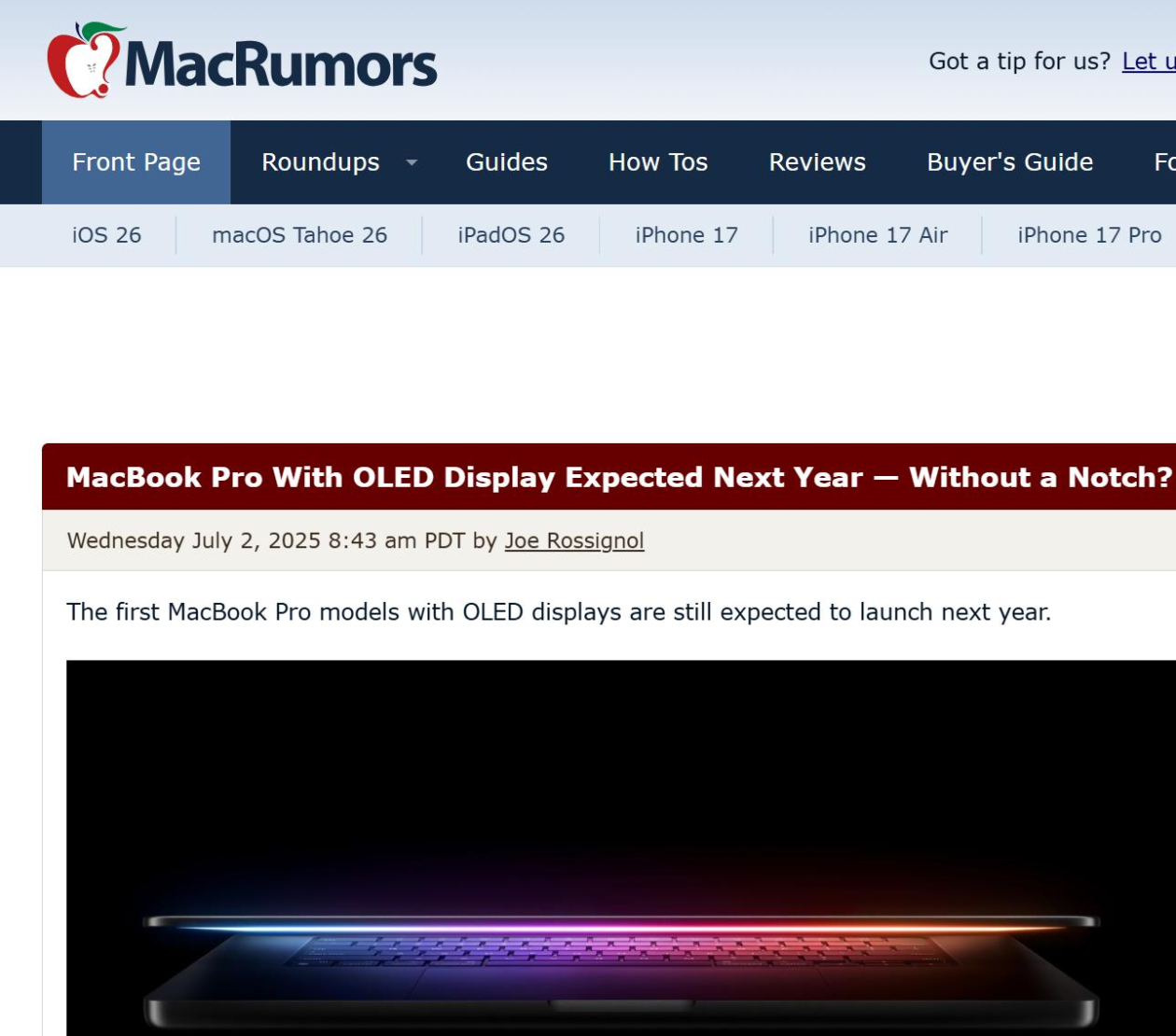 苹果首款配备OLED显示屏MacBook将于2026年推出