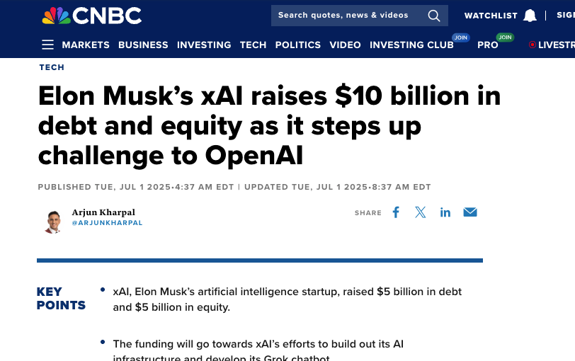 马斯克xAI再获百亿美元资金：50亿股权+50亿债务融资剑指OpenAI