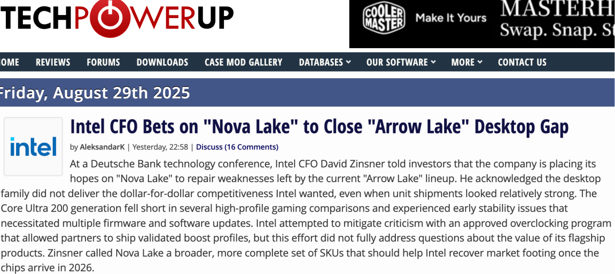 英特尔高管明确2026年推出Nova Lake处理器,Arrow Lake战略失误将获修正