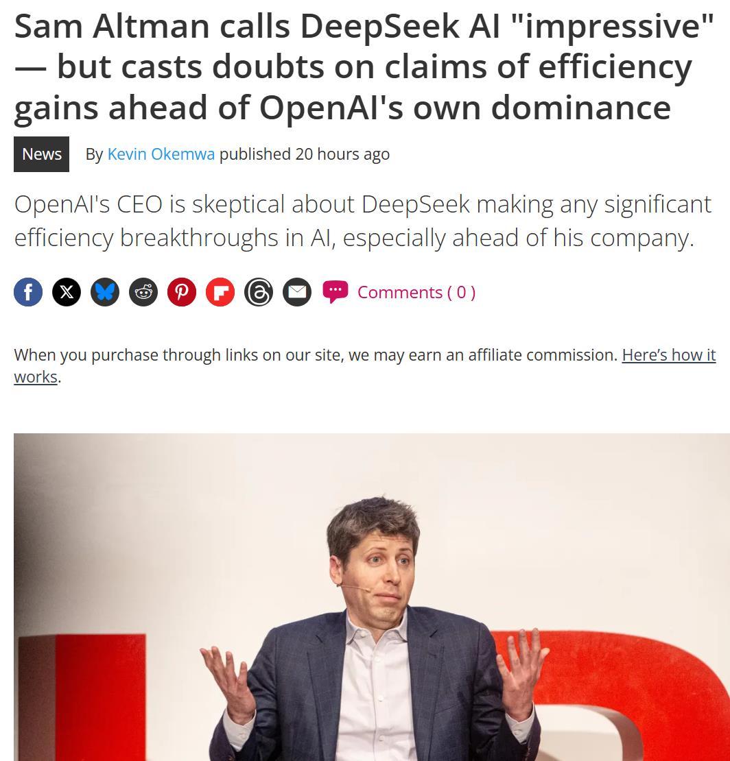 OpenAI CEO：DeepSeek 团队很有才华，但OpenAI 更高效