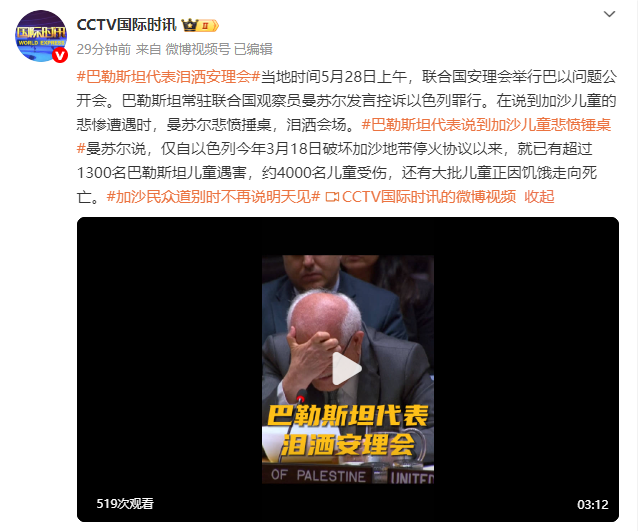 安理会上，巴勒斯坦常驻联合国观察员悲愤捶桌、泪洒会场