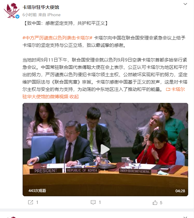卡塔尔：感谢中国基于正义的发声