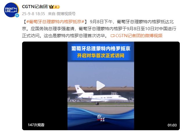 葡萄牙总理蒙特内格罗抵京