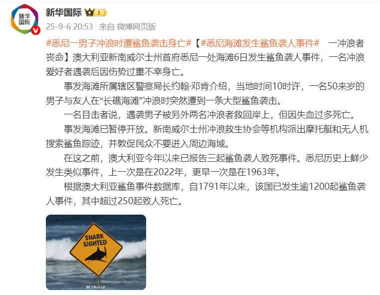 悉尼海滩发生鲨鱼袭人事件 一冲浪者丧命