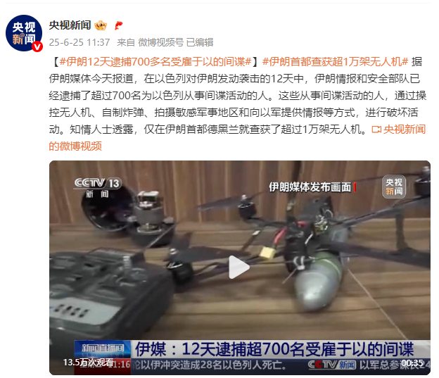 伊媒：12天逮捕超700名受雇于以的间谍