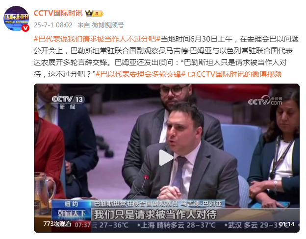 巴以代表安理会多轮交锋，巴代表：巴勒斯坦人只是请求被当作人对待，这不过分吧？