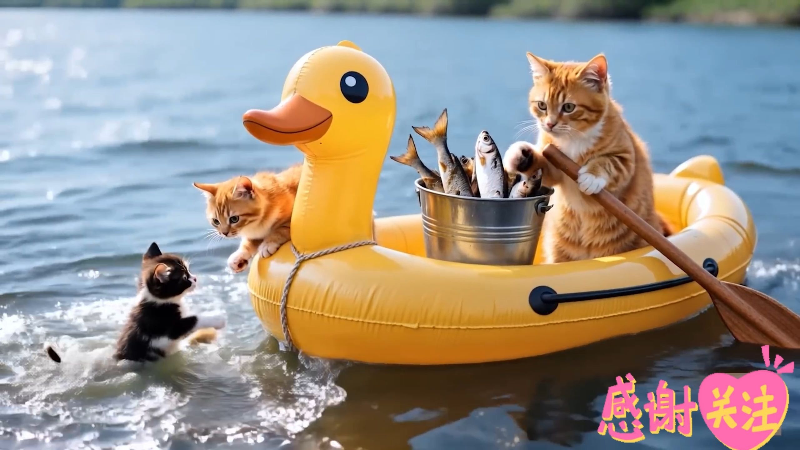 猫妈妈和小猫在河边钓鱼和野餐冒险时营救丢失的小猫