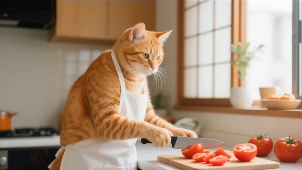 小猫想要学习煮鱼汤，猫妈妈出去拿快递的时候，小猫不小心被鱼汤