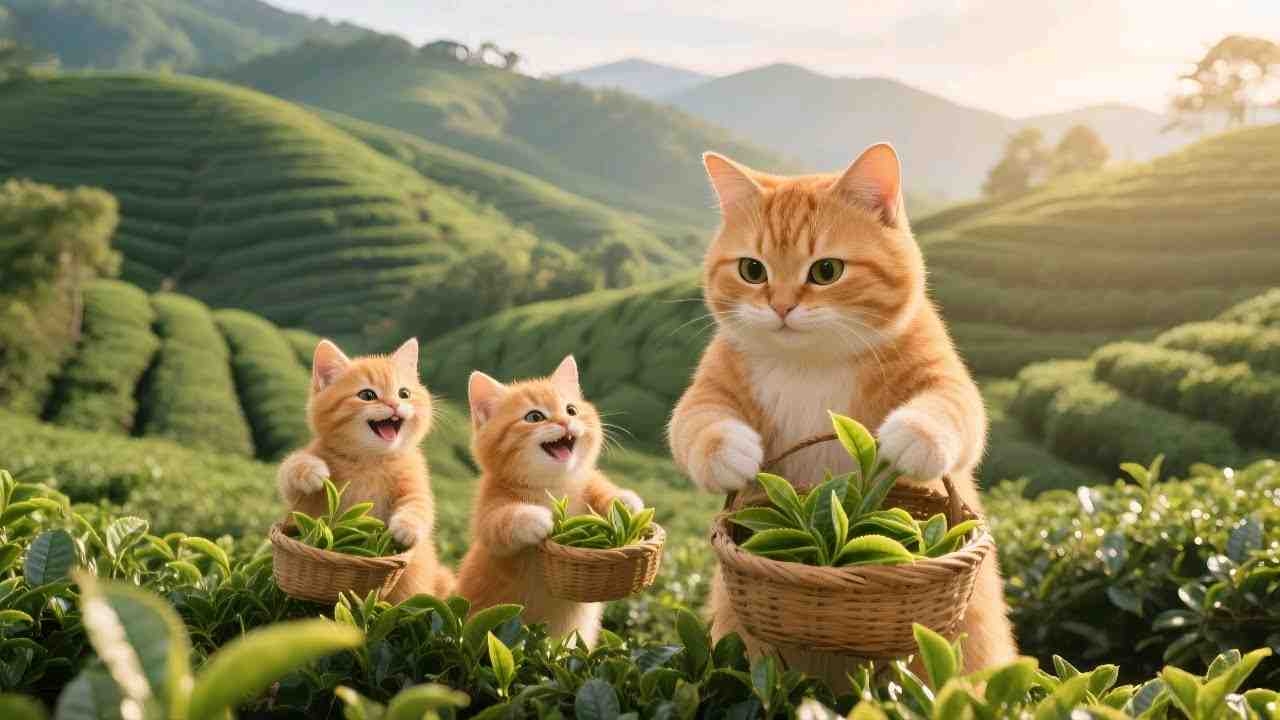 猫妈妈带着孩子们去采茶叶，竟然是为了做奶茶来喝，真的太可爱啦
