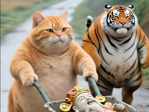 胖橘和胖虎街边接财神爷，好运要来了吗？