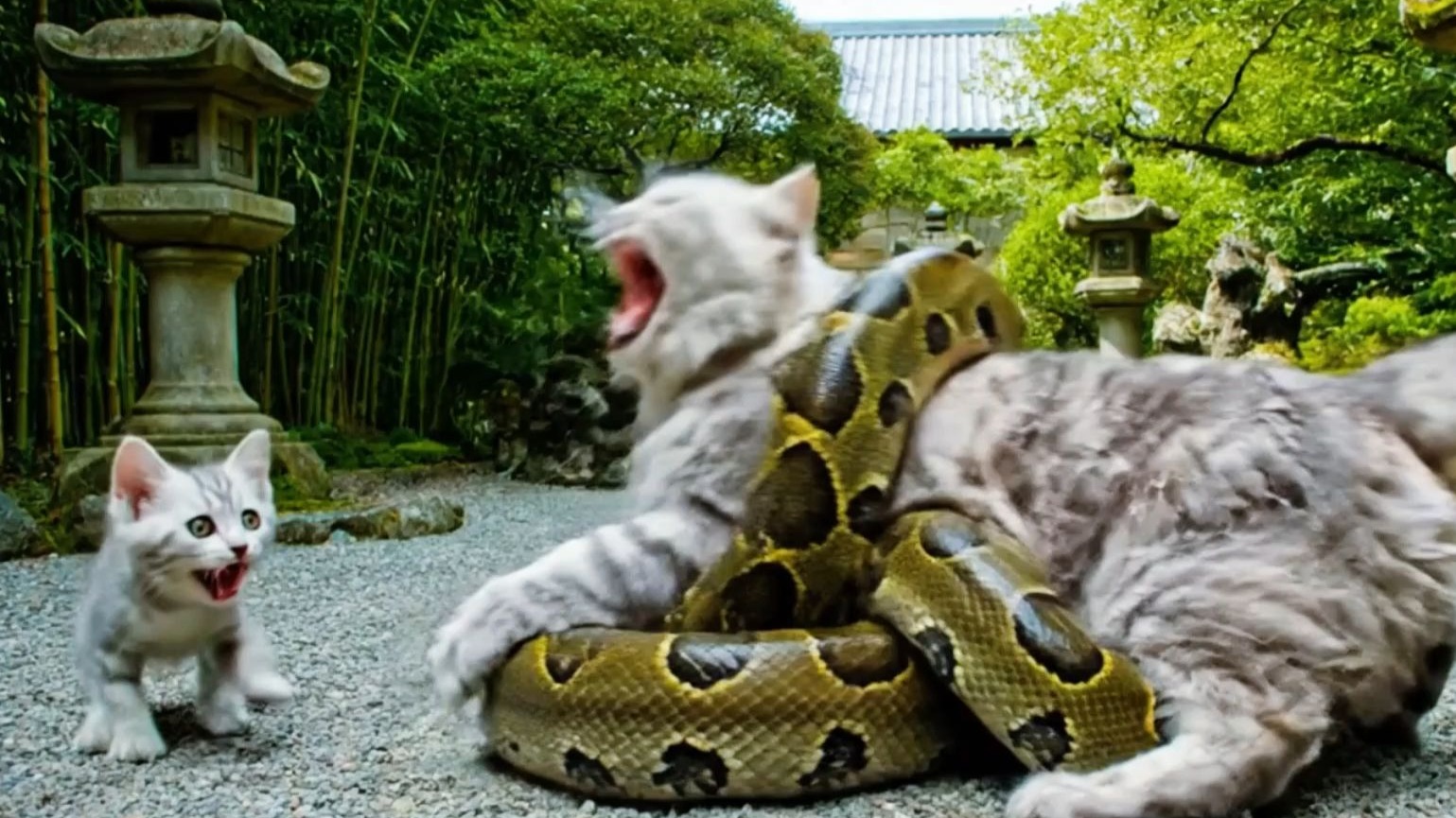 万万没想到！小奶猫见妈妈被蟒蛇勒住，冲屋求救的样子，连消防员都