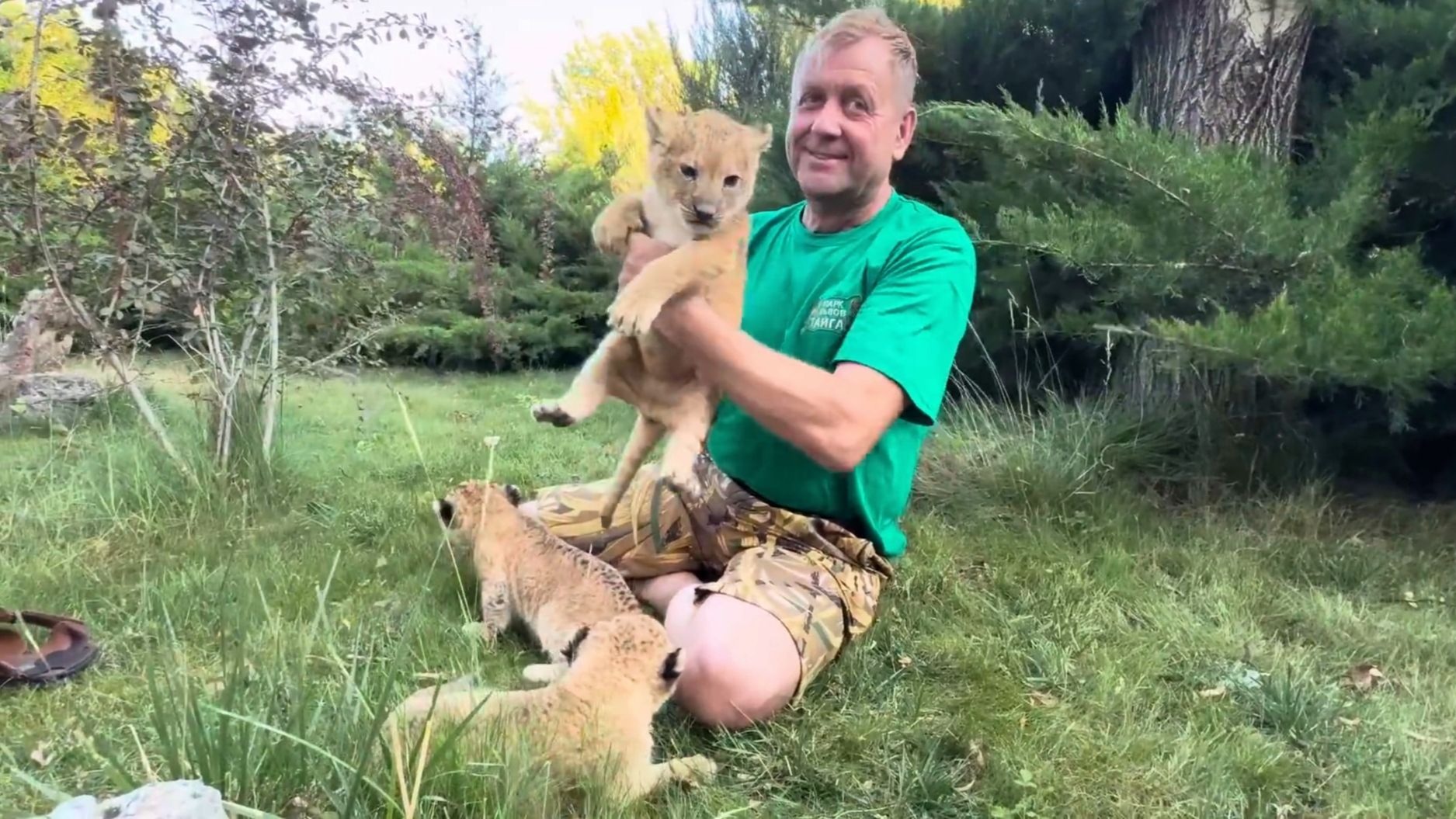 久违地抱起小狮子宝宝，奥列格园长笑开了花