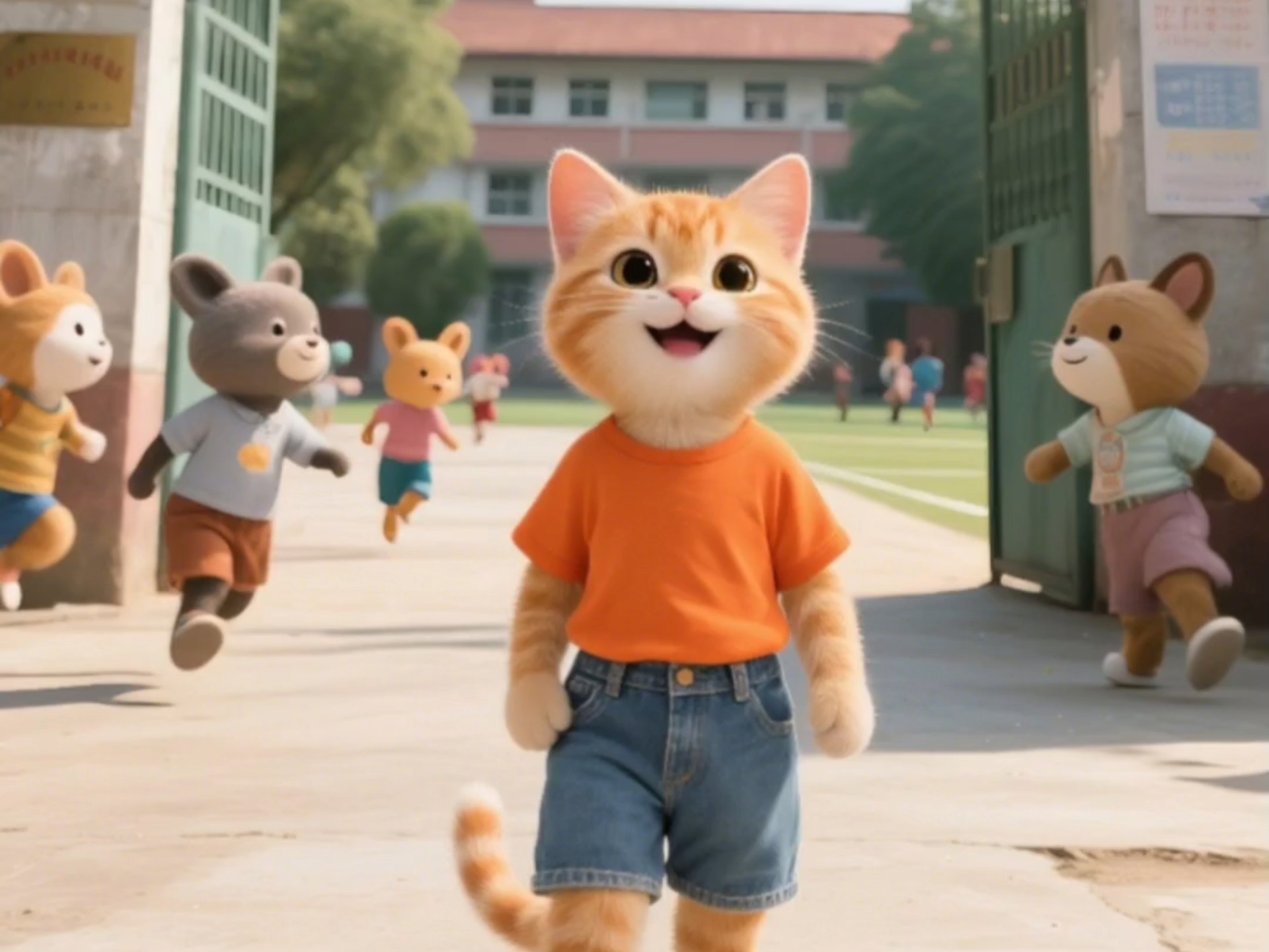 今天小橘猫去学校报道了，上了开学第一课，他好开心啊！