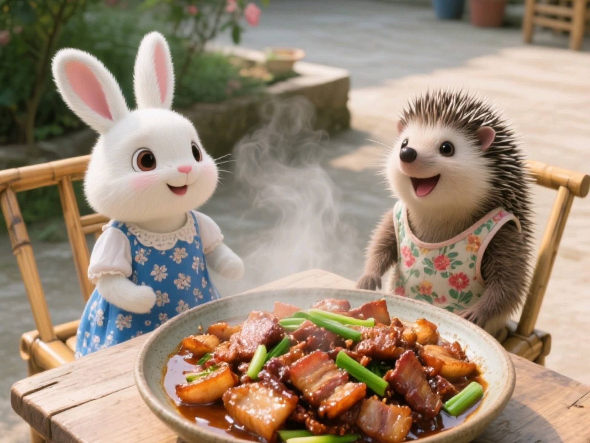 小橘猫帮羊爷爷浇地，羊爷爷送给他一条五花肉，小橘猫做了回锅肉