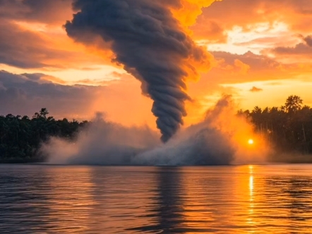 湖中龙卷惊现水之女神，幻化提灯古装少女，暮色芦苇间翩然独立。