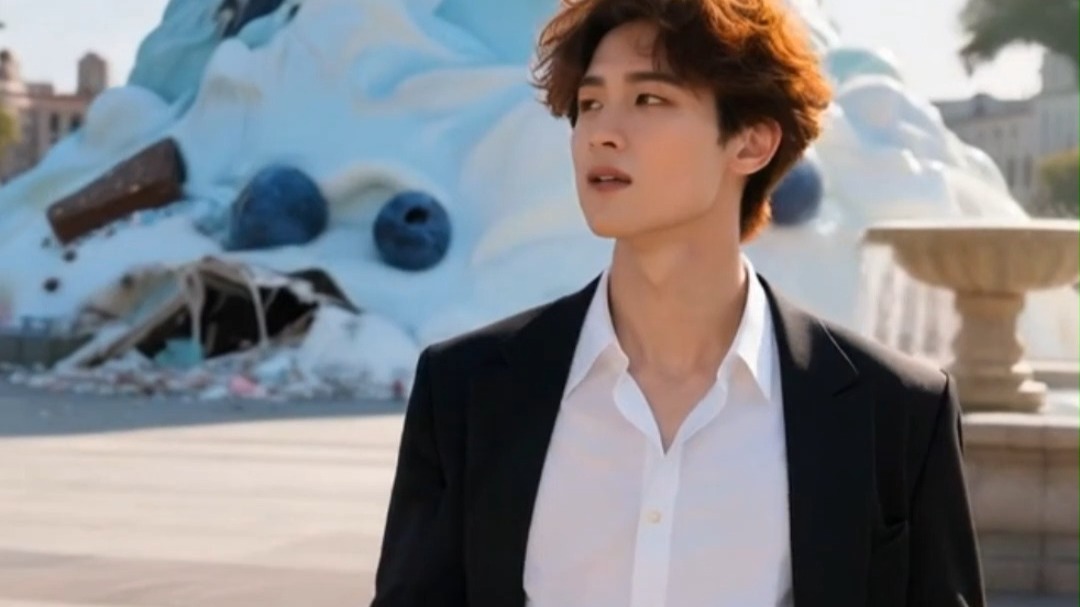 帅气男生看冰激凌山融化