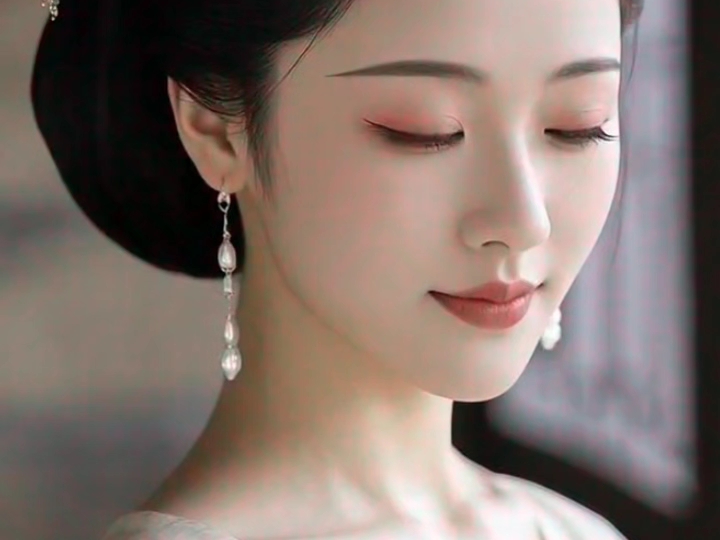 眉目如画，青丝绾雪，一袭罗裙曳月华。玉簪斜挽，眸含秋水，绛唇轻点