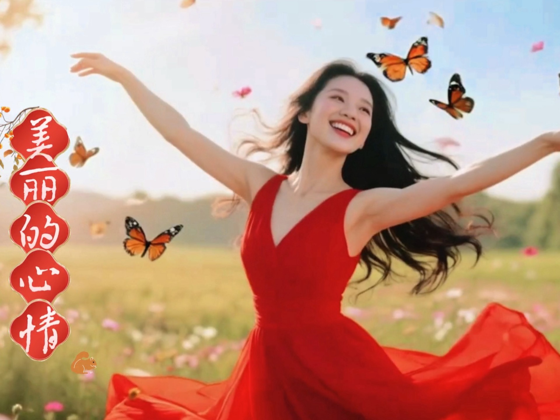 红裙舞动满画屏，荡起《美丽的心情》。笑涡浅漾春风醉，歌弦摇落