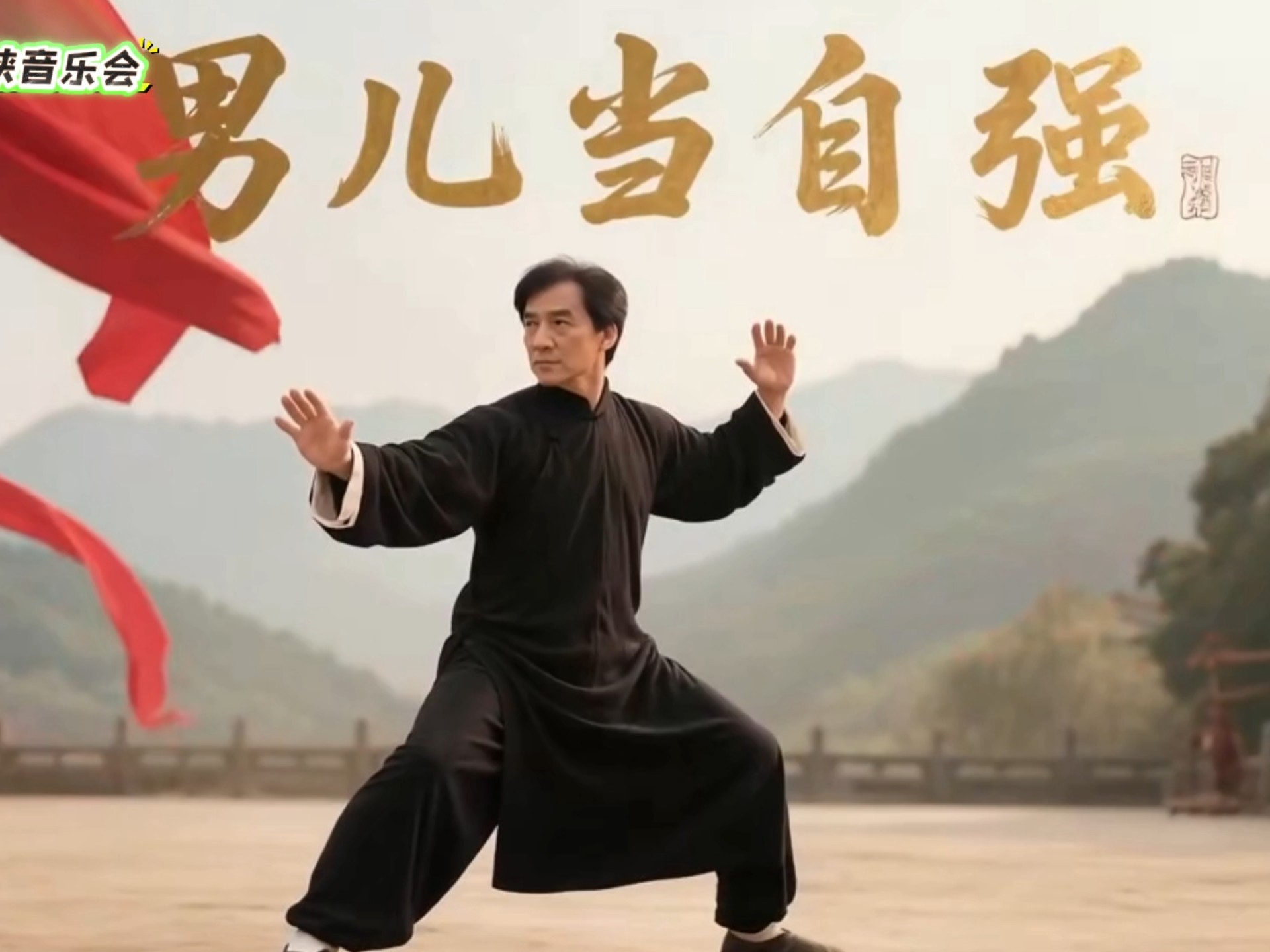 浩气盈胸贯九霄，丹心似火照征袍。我是《男儿当自强》，立地顶天