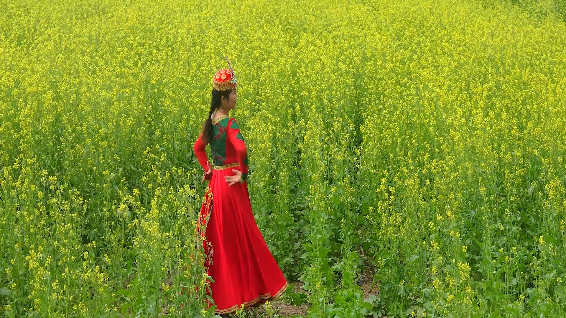 金黄花海里的一抹绯红！新疆姑娘跳《oyigiz yol yakisi》裙摆