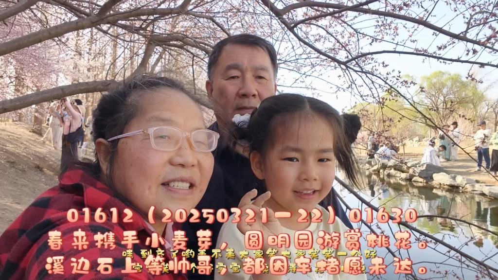 01408春来携手小麦芽，圆明园游赏桃花。溪边石上等帅哥，都因车